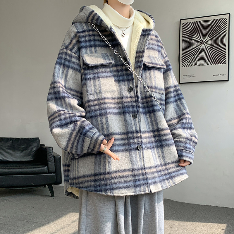 MH11`条纹ins加厚中长款羊羔毛呢料外套连帽棉衣棉服男P118,男装棉衣,电商A066