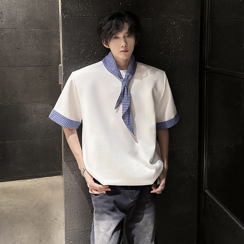 KT1027`（垫肩可拆装送三角巾）格子短袖T恤男ins潮牌上痞帅P48，男装T恤，电商A066