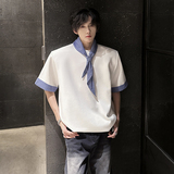 KT1027`（垫肩可拆装送三角巾）格子短袖T恤男ins潮牌上痞帅P48，男装T恤，电商A066