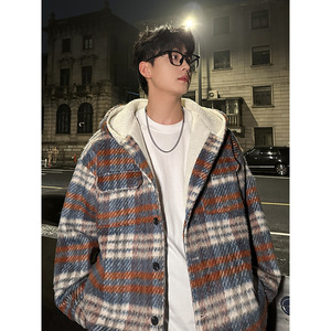 MH09`条纹ins加厚中长款羊羔毛呢料外套连帽棉衣棉服男 P118图片