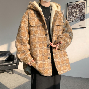 MH13`条纹ins加厚中长款羊羔毛呢料外套连帽棉衣棉服男 P118图片
