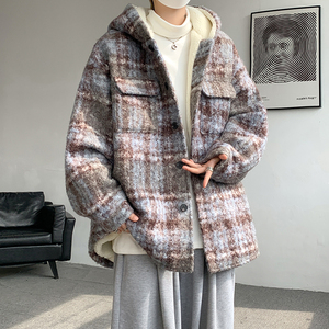 MH12`条纹ins加厚中长款羊羔毛呢料外套连帽棉衣棉服男P118,粉色毛毛衣怎么搭配裤子图片