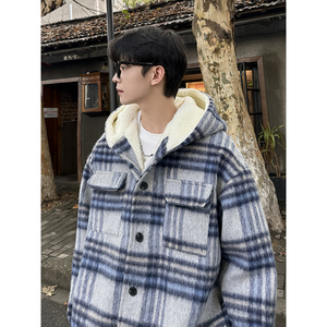 MH11`条纹ins加厚中长款羊羔毛呢料外套连帽棉衣棉服男 P118图片