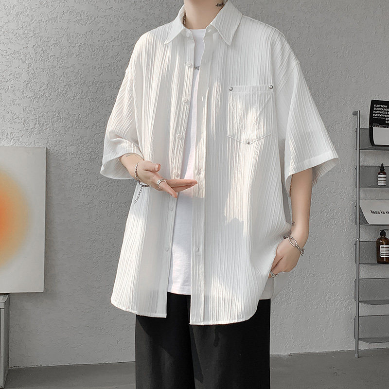 DX1548`大码情侣中性简约铆钉装饰五分袖短袖衬衫男女P4868,男装衬衫,电商A066