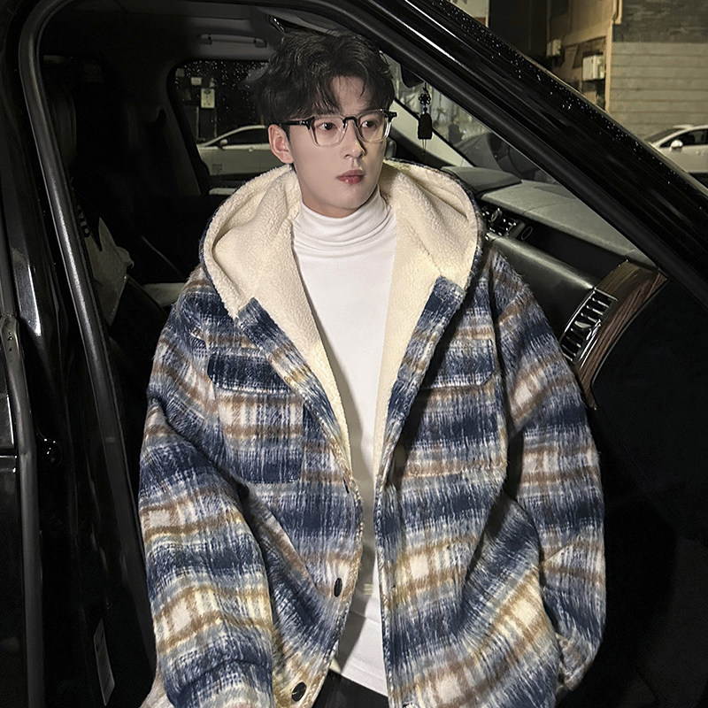 MH16`条纹ins加厚中长款羊羔毛呢料外套连帽棉衣棉服男P118,男装棉衣,电商A066
