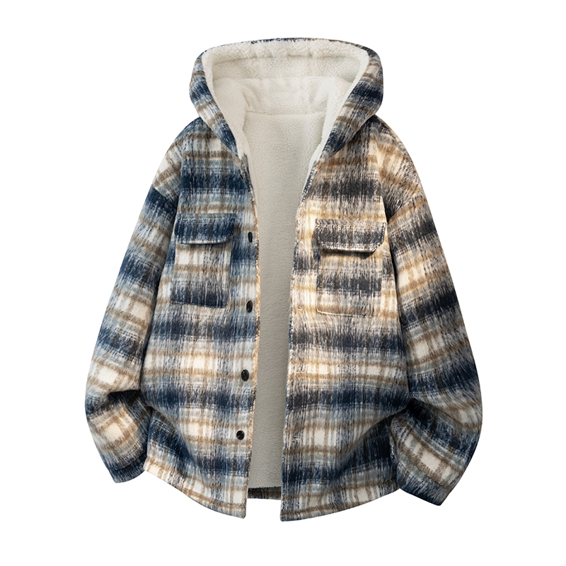 MH16`条纹ins加厚中长款羊羔毛呢料外套连帽棉衣棉服男P118，男装棉衣，电商A066