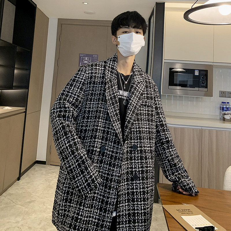 FT05情侣港风宽松大码小香风ins格子西装外套男P105,男装风衣,电商A066