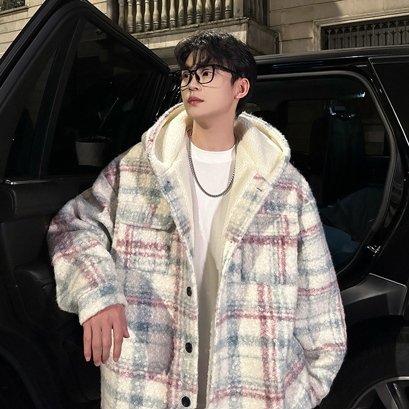 MH12`条纹ins加厚中长款羊羔毛呢料外套连帽棉衣棉服男P118,男装棉衣,电商A066