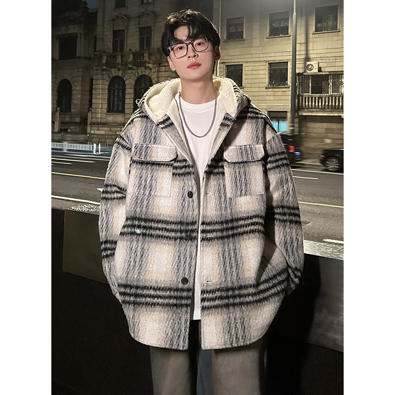MH08`条纹ins加厚中长款羊羔毛呢料外套连帽棉衣棉服男P118,男装棉衣,电商A066