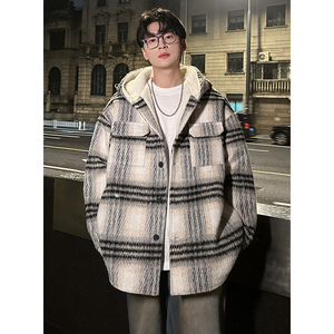 MH08`条纹ins加厚中长款羊羔毛呢料外套连帽棉衣棉服男 P118图片
