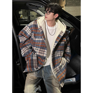 MH09`条纹ins加厚中长款羊羔毛呢料外套连帽棉衣棉服男 P118图片