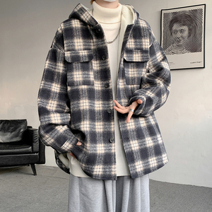 MH10`条纹ins加厚中长款羊羔毛呢料外套连帽棉衣棉服男 P118图片