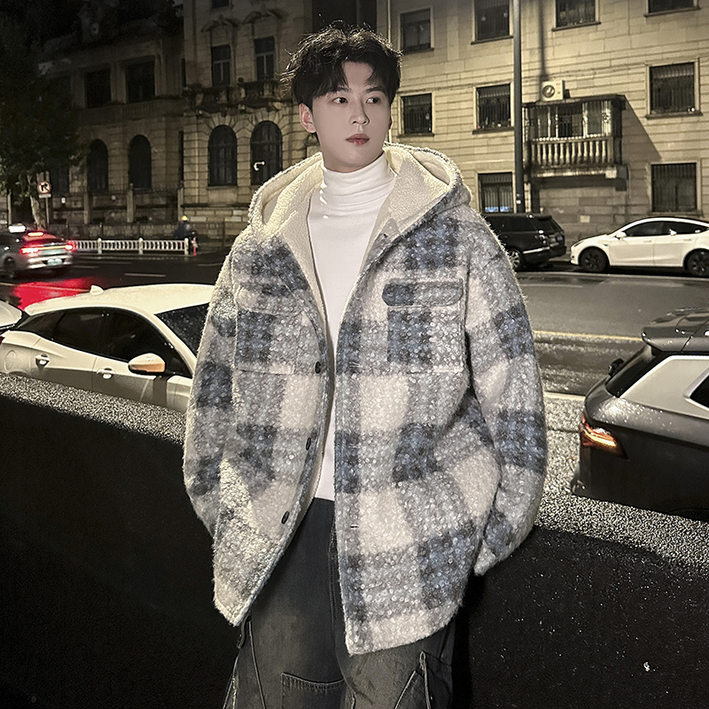 MH13`条纹ins加厚中长款羊羔毛呢料外套连帽棉衣棉服男P118，男装棉衣，电商A066