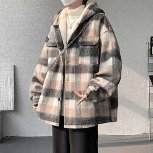 MH18`条纹ins加厚中长款羊羔毛呢料外套连帽棉衣棉服男 P118图片