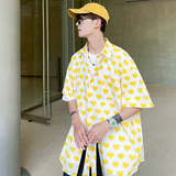 DX1516’中性风宽松情侣大码爱心满印衬衫男女P4058黄色，男装衬衫，电商A066