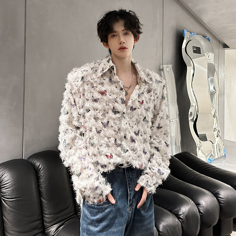 KT1010`垫肩款重工艺流苏蝴蝶情侣花衬衫男女P48，男装衬衫，电商A066