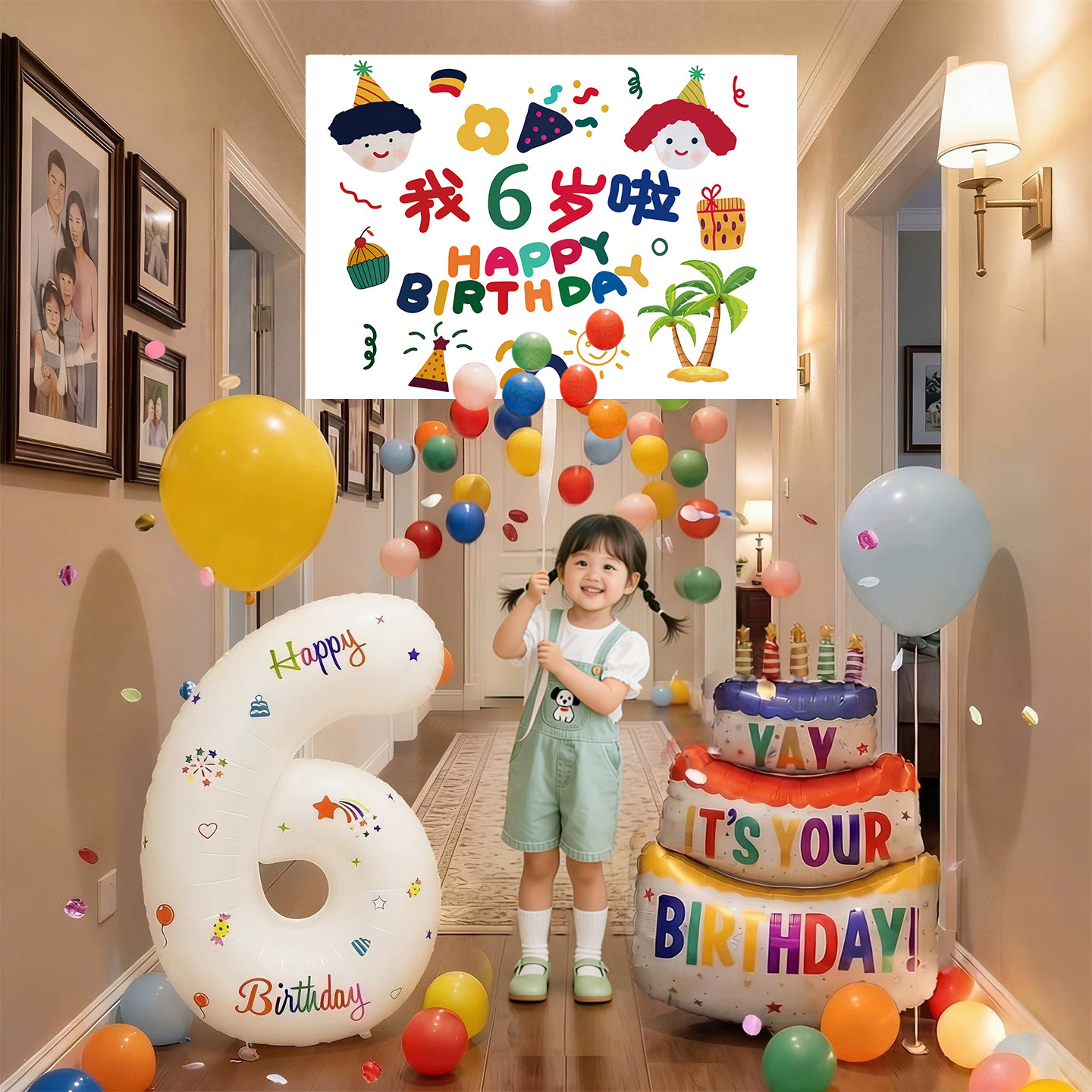 网红生日气球瀑布雨装饰男孩女孩儿童派对仪式感氛围背景挂布拍照