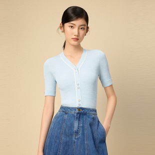 坑条显瘦 莱茵商场同款 V领针织套头衫 水蓝色25夏新款 女短袖