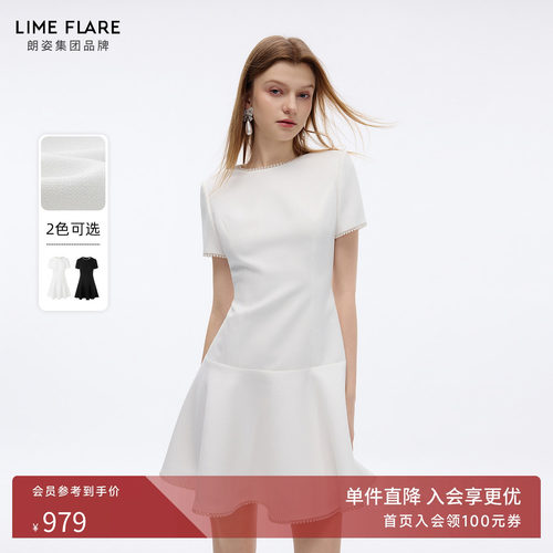 朗姿莱茵福莱尔珠饰短袖连衣裙女