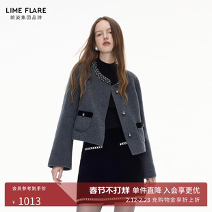 朗姿/莱茵福莱尔手工钻饰高级感羊毛短外套女气质毛呢香风上衣冬