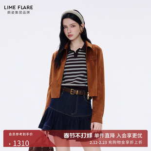 朗姿莱茵福莱尔刺绣复古短外套女美拉德气质机车翻领麂皮夹克26春