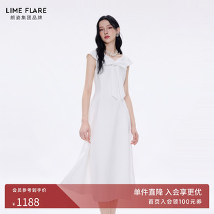 朗姿莱茵福莱尔时尚气质蝴蝶结A字裙中长款短袖V领连衣裙26夏新款