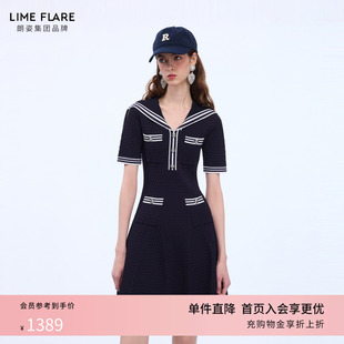 连衣裙26夏新 朗姿莱茵福莱尔复古绞花miu系学院风海军领针织短袖