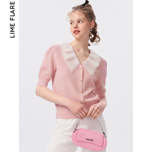 上衣2023秋季 莱茵V领泡泡袖 商场同款 新款 粉色拼接少女针织开衫 女