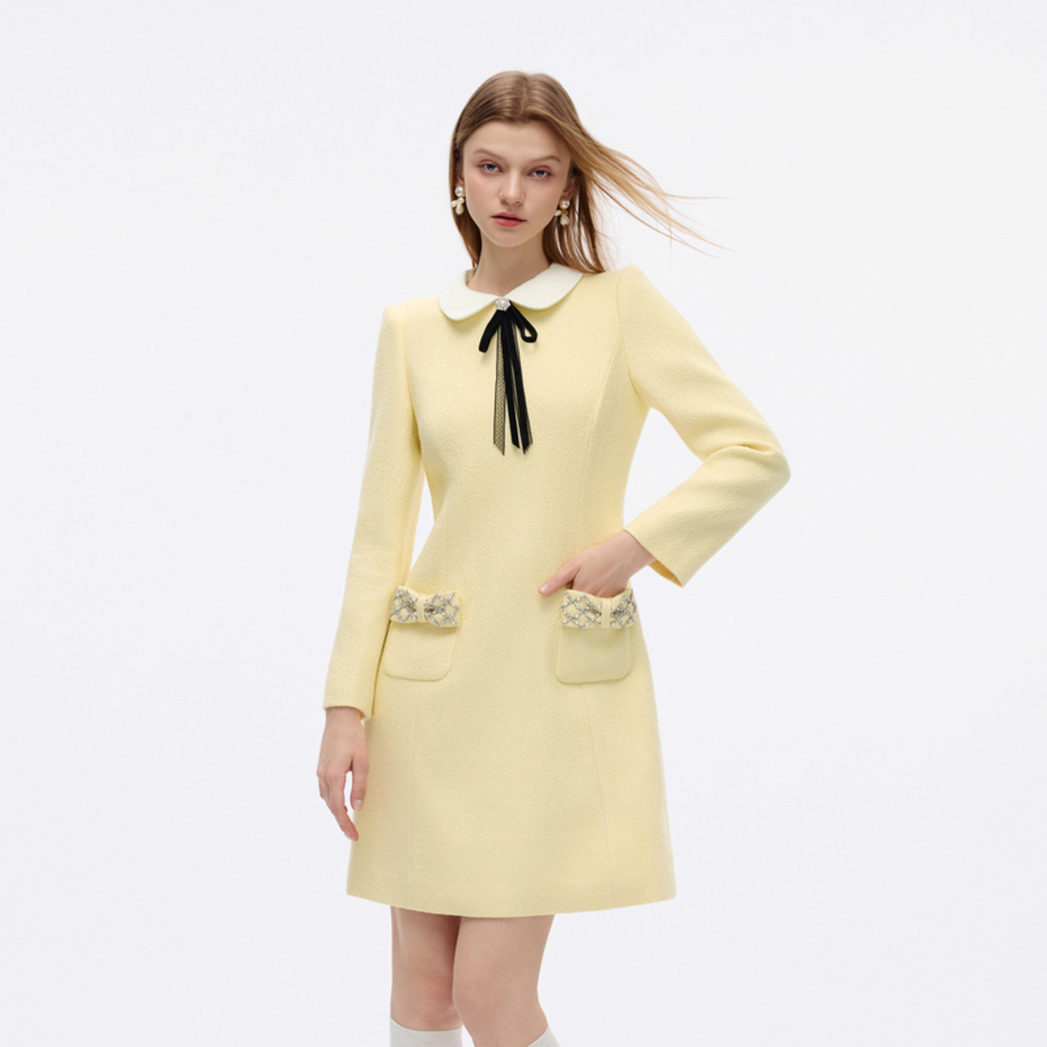 【七七酱直播间】祝绪丹同款莱茵福莱尔小香风娃娃领撞色连衣裙,女装/女士精品,羽绒服,淘宝优惠券,粉丝福利购,淘宝优惠卷