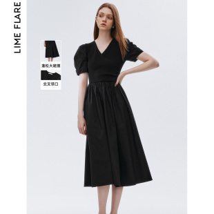 莱茵福莱尔法式 新款 黑色V领大裙摆收腰连衣裙设计感裙子2024夏季