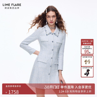 朗姿莱茵福莱尔华丽钻扣矜贵复古气质翻领编织花呢连衣裙26春新款