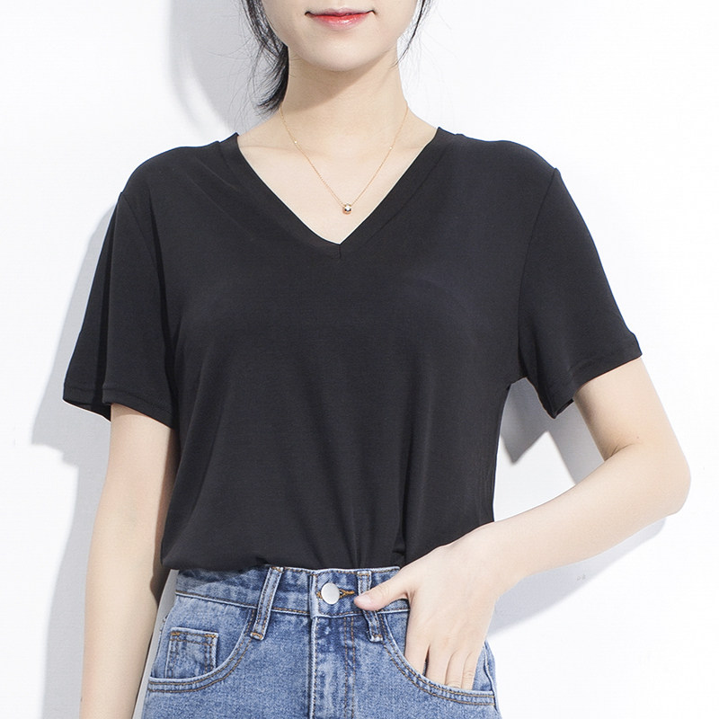 铜氨丝V领短袖t恤女宽松上衣