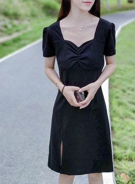 法式方领黑色连衣裙女夏收腰显瘦开叉齐膝中长裙轻熟风赫本小黑裙