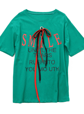 字母绑带系绳绿色圆领短袖T恤女装宽松韩版学生字母体恤上衣棉T恤