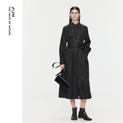 【天猫臻选】AUM噢姆2025年秋季新款衬衫领工装连衣裙黑色长裙女