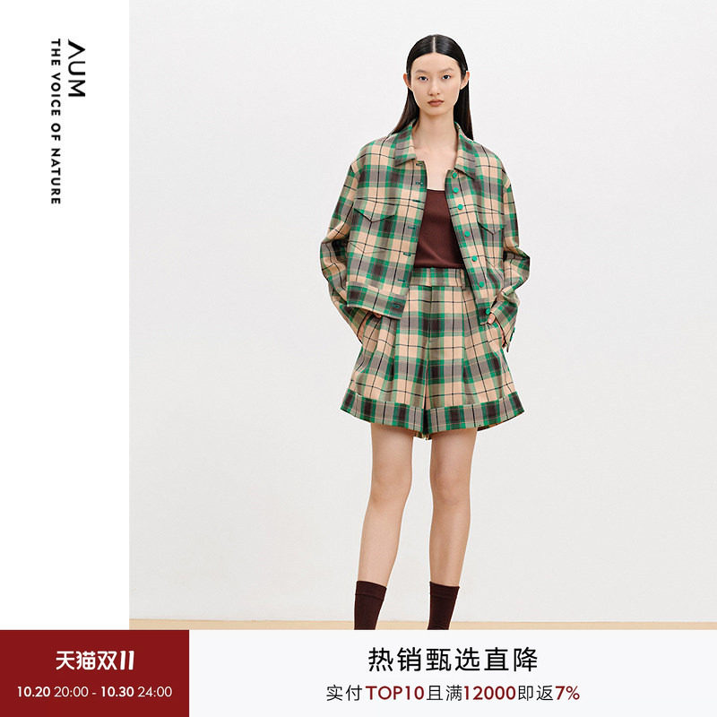 【天猫臻选】AUM噢姆春季休闲宽松复古撞色格纹短裤子