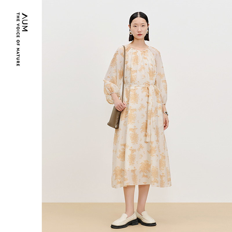 【FaFa裙】AUM噢姆春季印花泡泡袖收腰长袖连衣裙休闲宽松长裙女