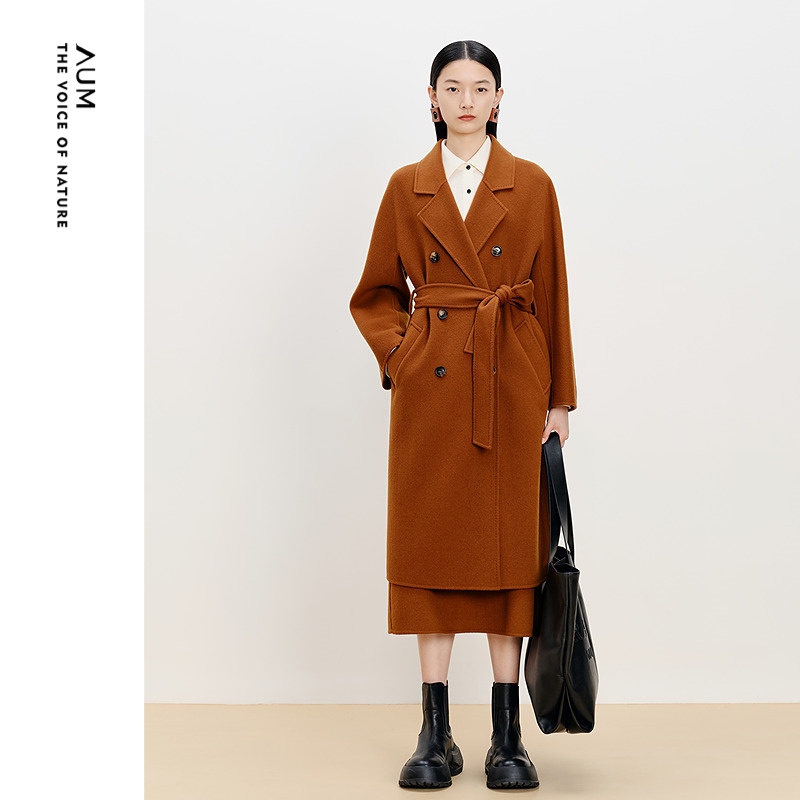 【商场同款】AUM噢姆冬季羊毛双面呢翻领收腰长款毛呢大衣外套女