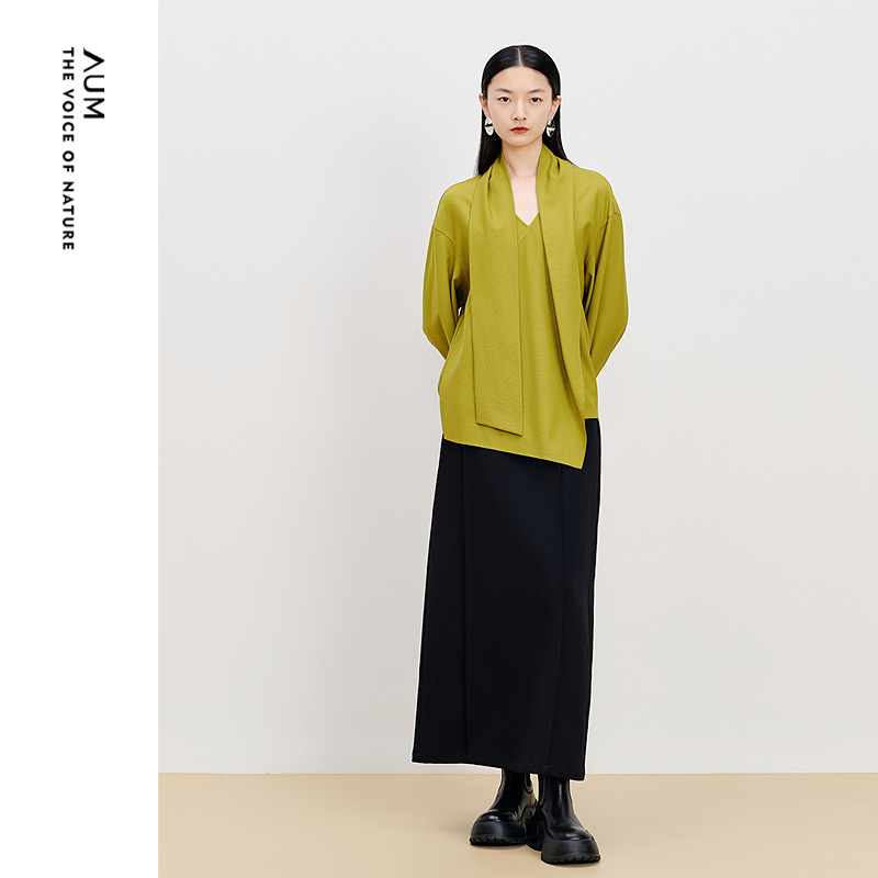 【商场同款】AUM噢姆冬季乱麻弹力呢可调节荡领衬衫休闲上衣女款