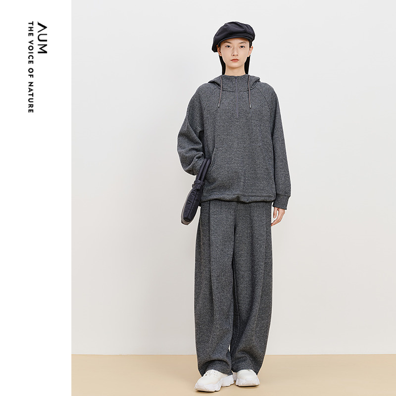 【商场同款】AUM噢姆冬季针织提花有褶抽绳宽松阔腿裤休闲长裤女