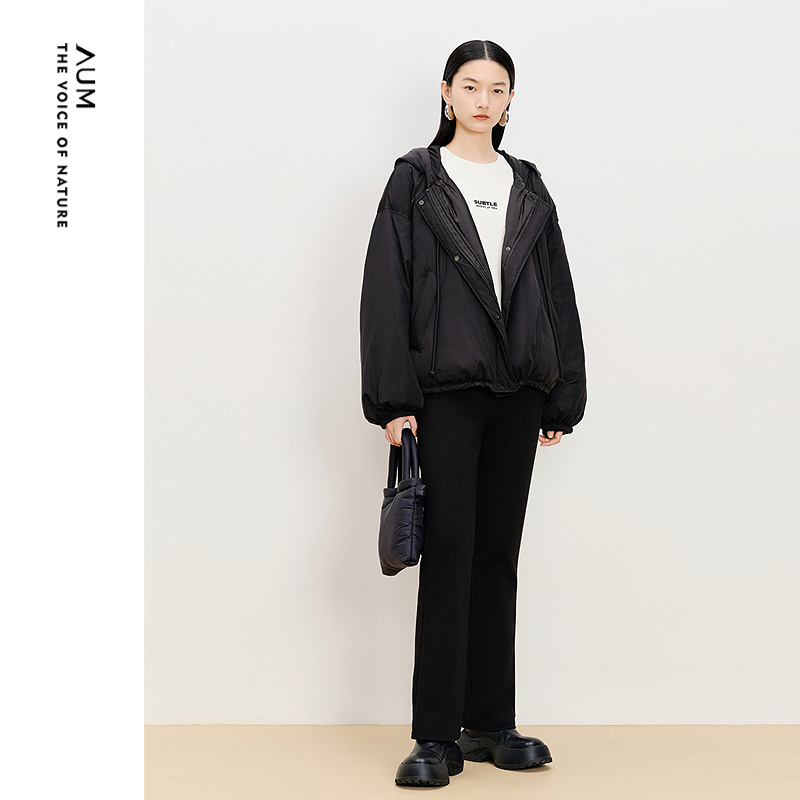 【商场同款】AUM噢姆冬季弹力针织羽绒裤黑色优雅修身微喇长裤女