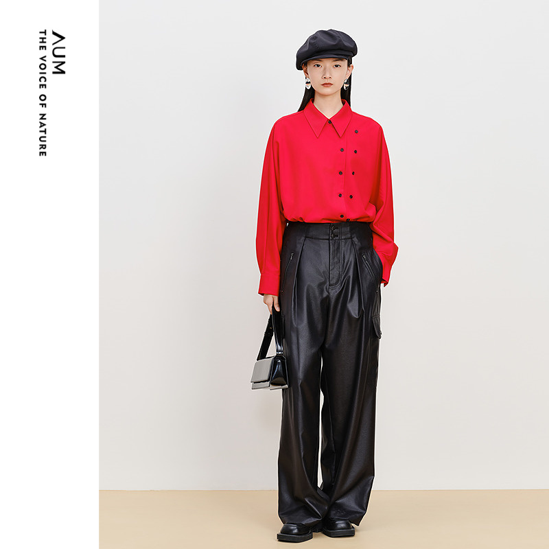 【新年系列】AUM噢姆冬季弹力斜纹斜门襟双排扣红色衬衫上衣女款