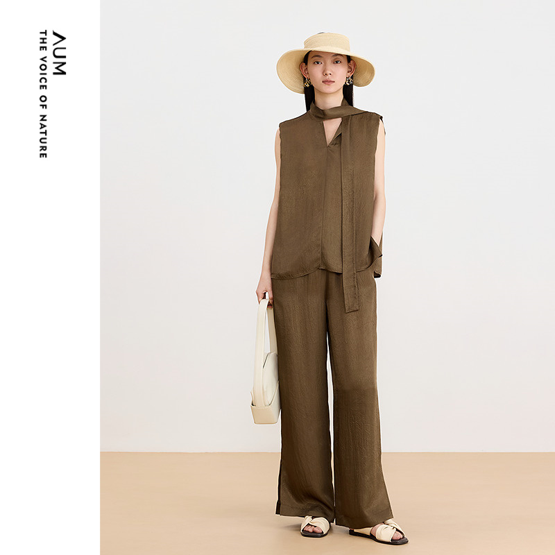 【商场同款】AUM噢姆夏季醋酸肌理飘带无袖背心休闲上衣衬衫女款