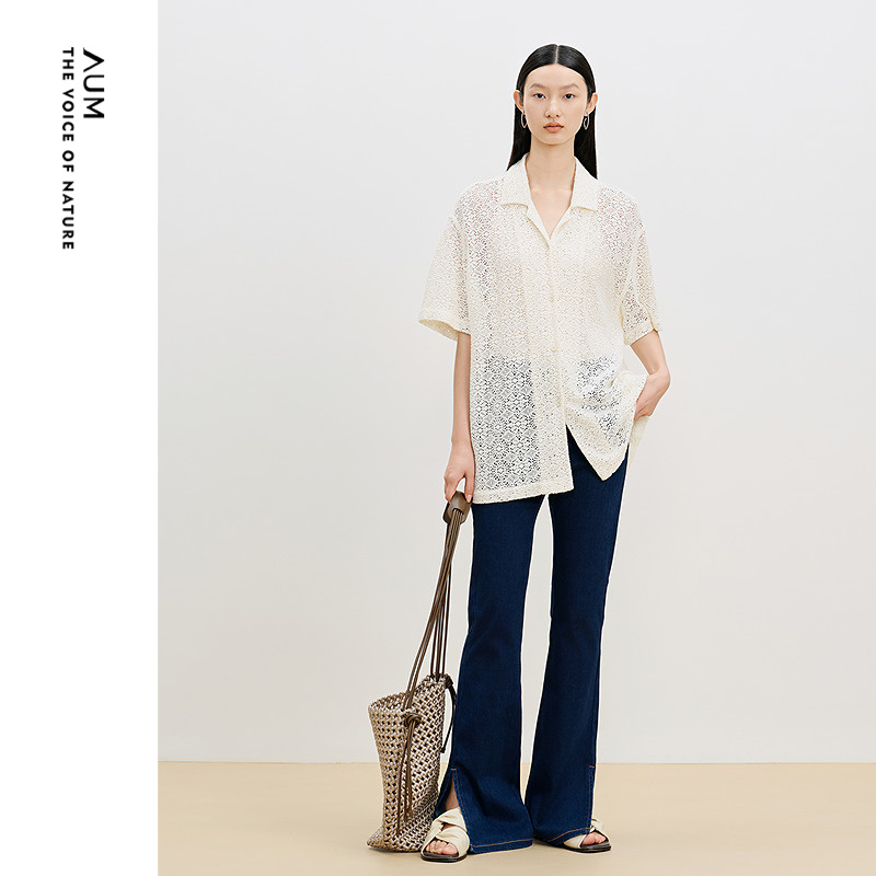 【商场同款】AUM噢姆秋季古巴领镂空设计感休闲长袖衬衫上衣女款