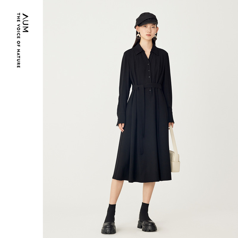 【咩咩系列】AUM噢姆冬季黑色羊毛麻感毛呢宽松收腰衬衫连衣裙女