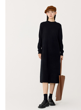 【商场同款】AUM噢姆春季黑色精纺羊毛针织长袖直身圆领连衣裙女