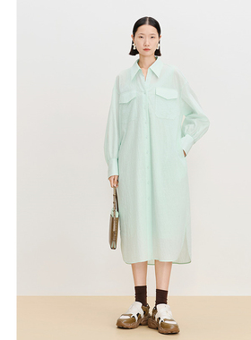 【商场同款】AUM噢姆春季玉簪绿条纹长款宽松衬衫连衣裙休闲长裙