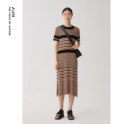 【商场同款】AUM噢姆春季圆领修身裙摆开叉短袖连衣裙休闲长裙女