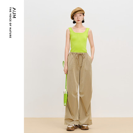 【商场同款】AUM噢姆春季工装风格微绉肌理阔腿裤宽松休闲长裤女