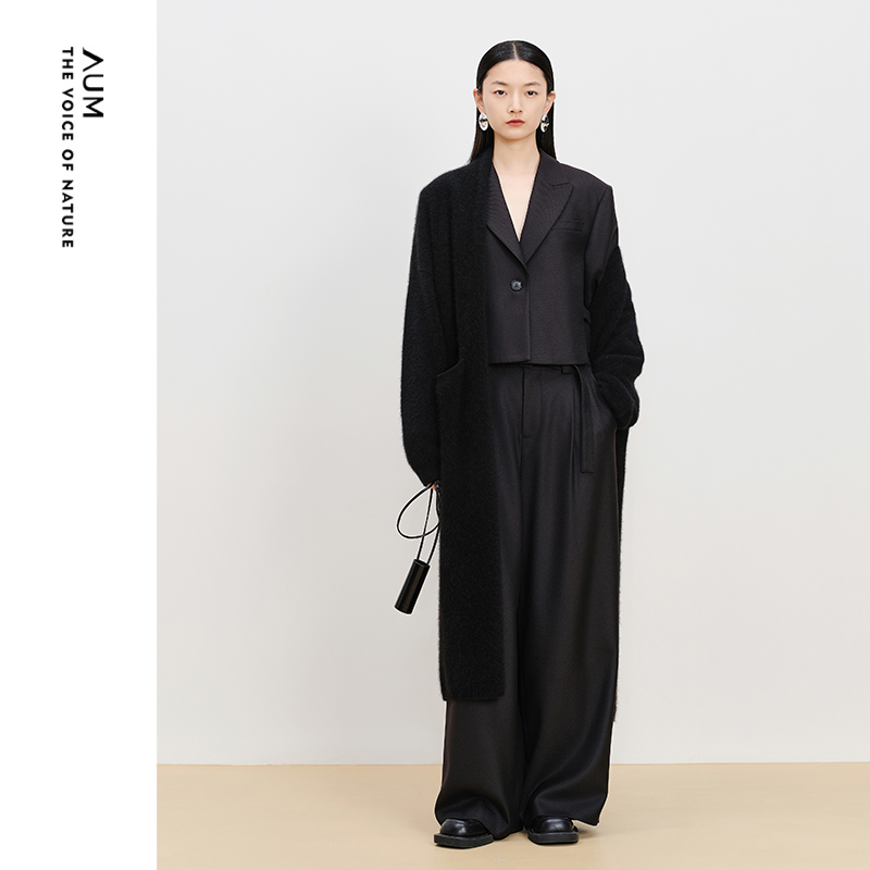 【商场同款】AUM噢姆冬季牦牛绒针织新中式黑色中长款开衫外套女